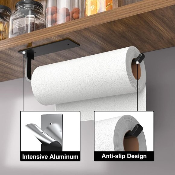 Paper Towel Holder - Self-Adhesive or Drilling, Matte Black - Picture 2 of 6